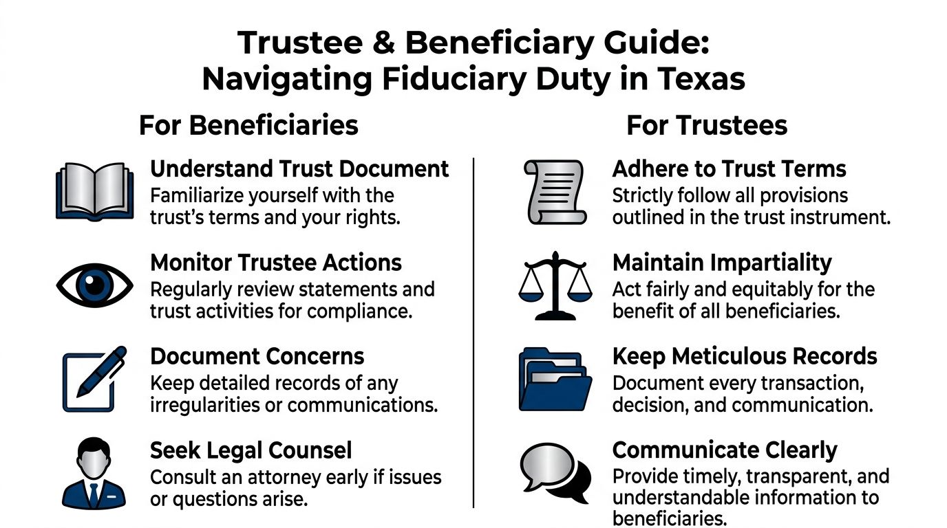 A guide illustrating key responsibilities for trustees and rights for beneficiaries regarding Texas fiduciary duties.
