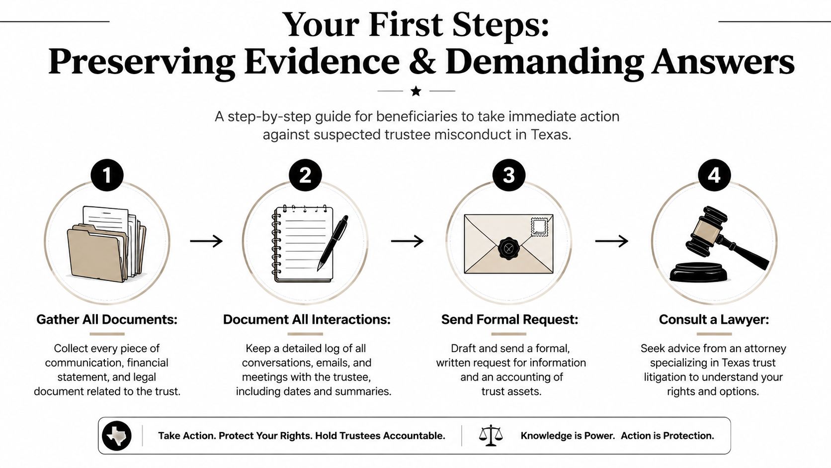 A four-step infographic for Texas trust beneficiaries to address and document suspected trustee misconduct and legal action.