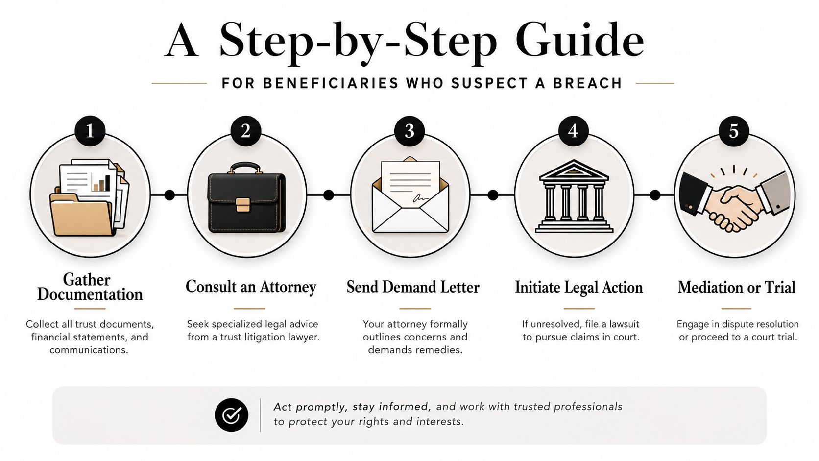 A five-step guide for beneficiaries suspecting a breach of trust, illustrating the legal process to protect interests.