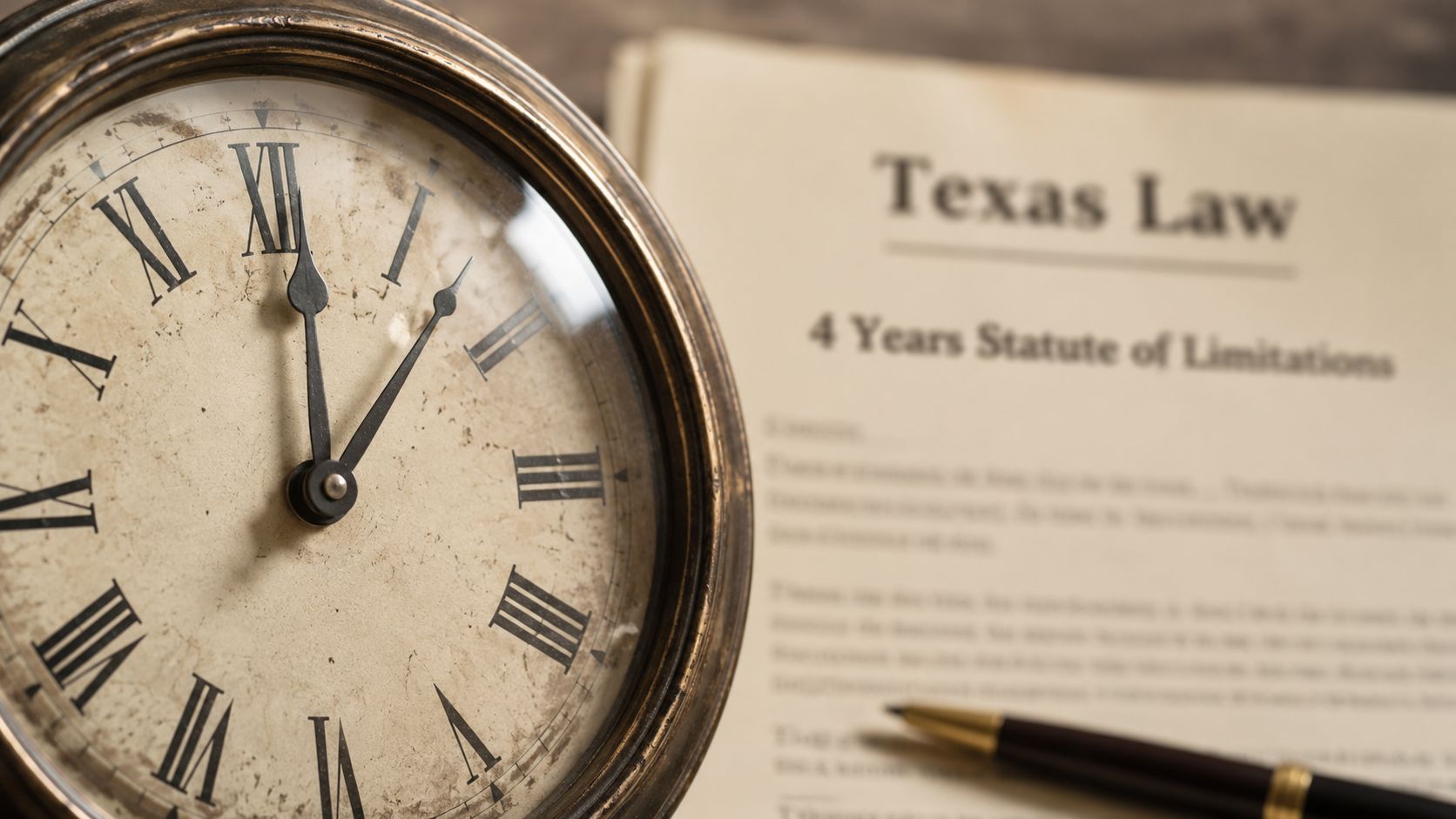 A vintage clock next to legal documents about the Texas four year statute of limitations.