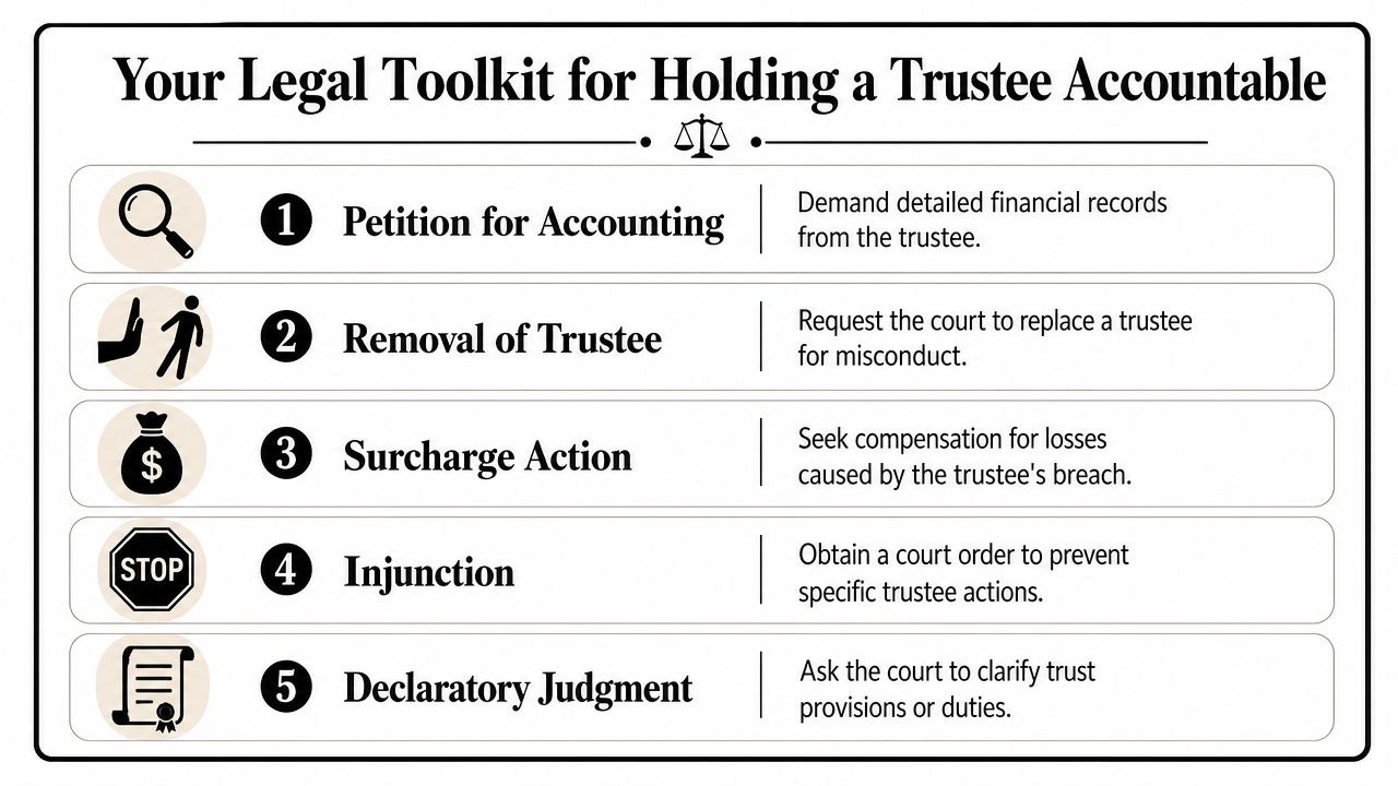 An infographic outlining five legal tools for beneficiaries to hold a negligent trustee accountable.