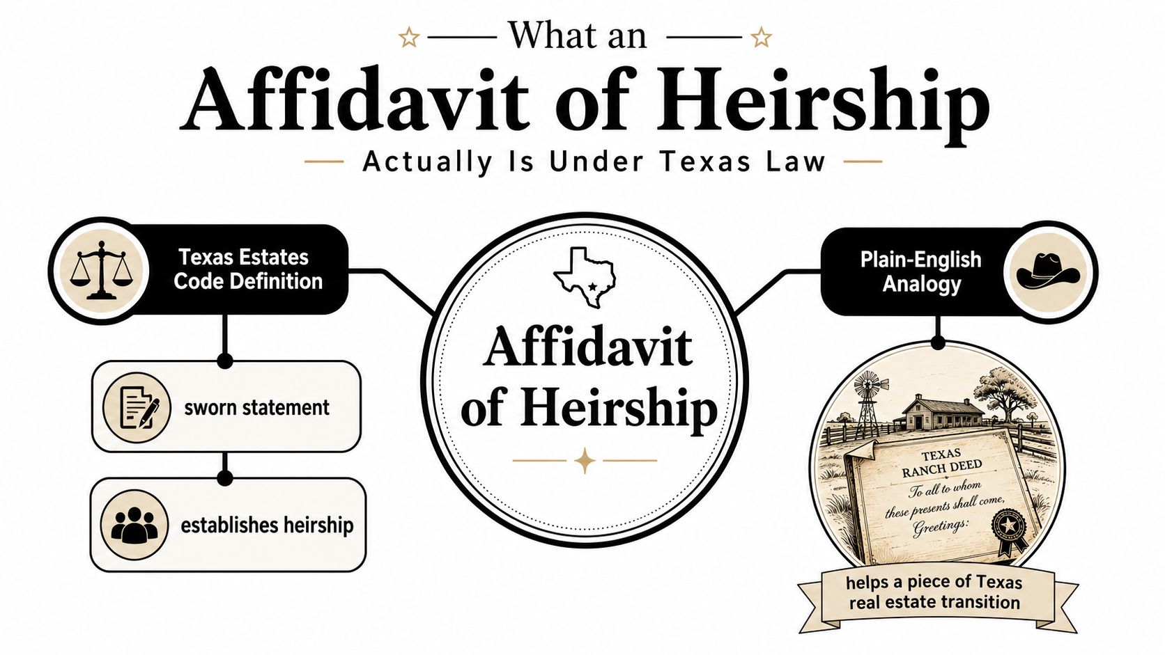 An infographic explaining the definition and purpose of an Affidavit of Heirship under Texas state law.