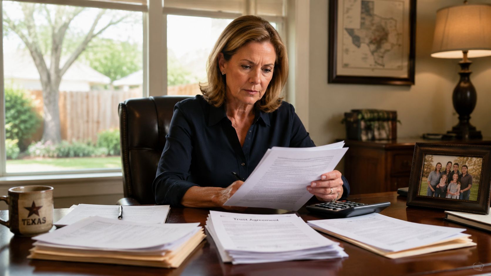 A woman reviews legal trust documents while working at her desk in a home office.