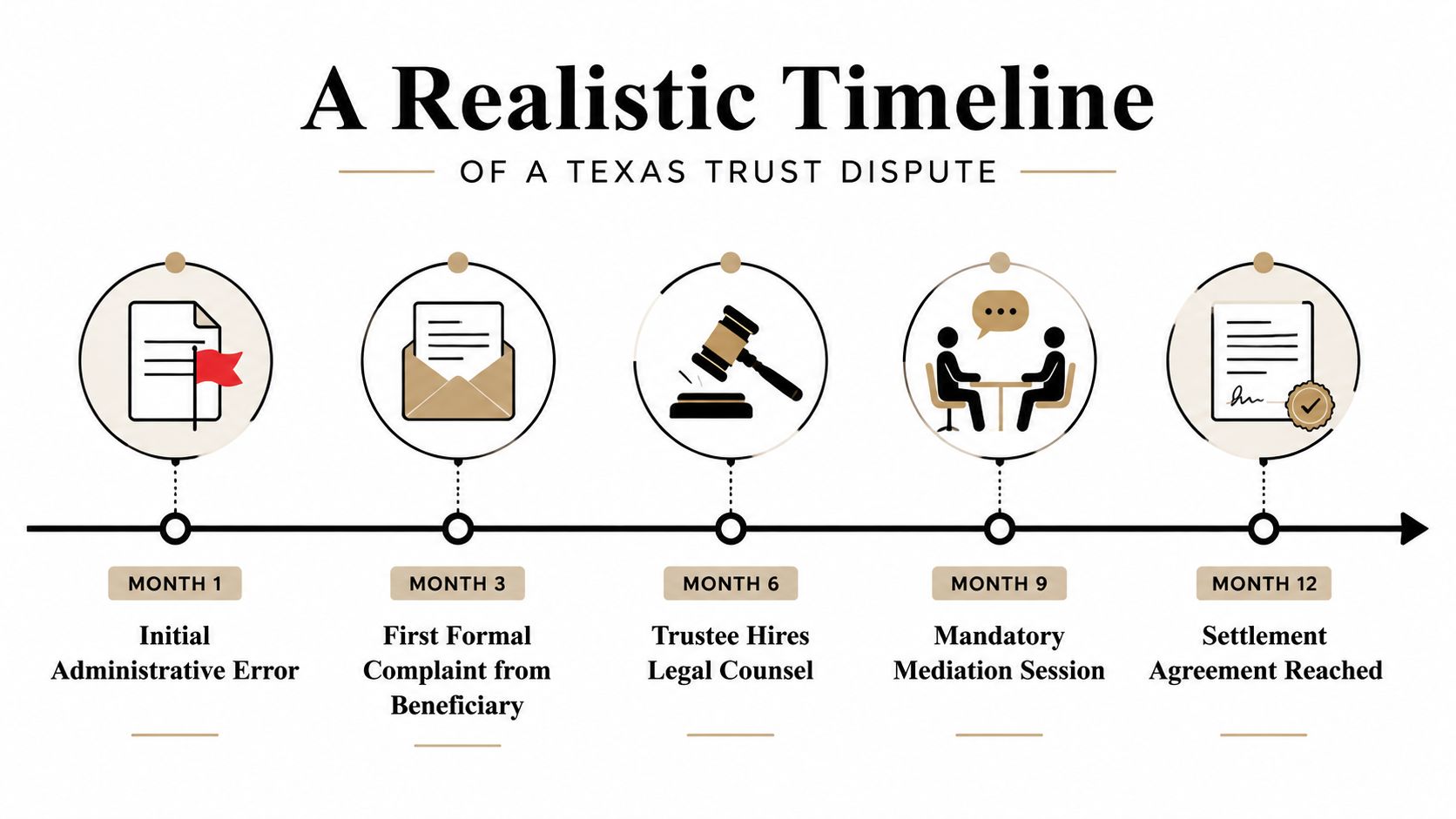 A timeline graphic showing the typical 12-month process for resolving a Texas trust dispute.