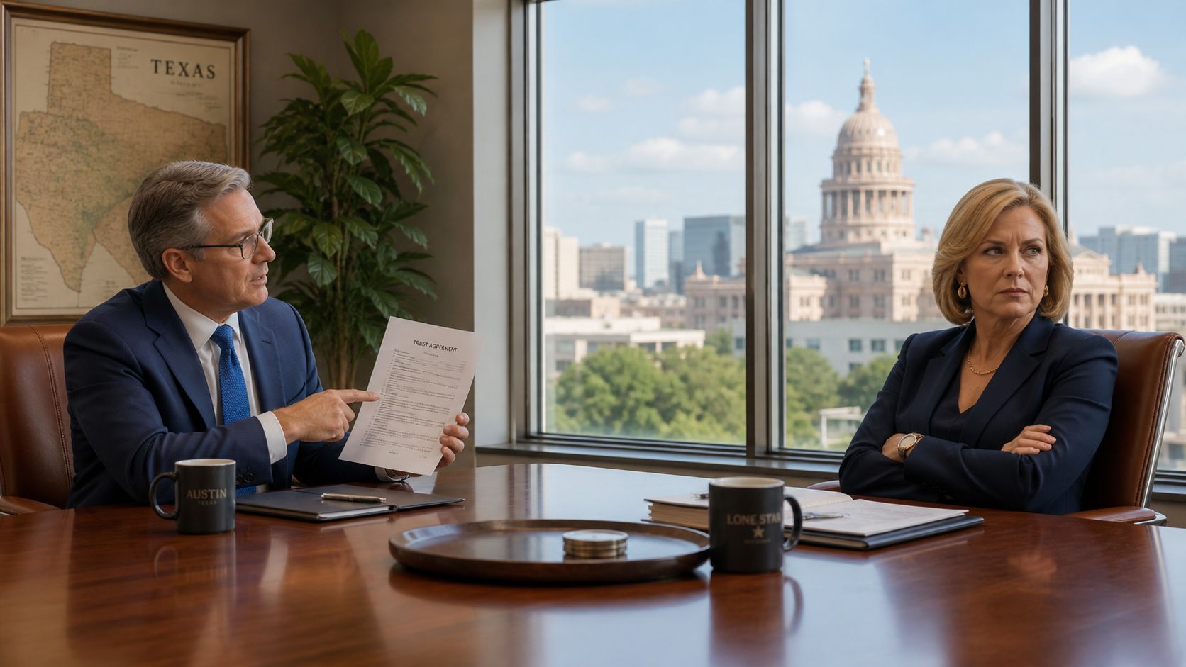 A professional man and woman in a boardroom looking at a trust agreement document in Austin, Texas.