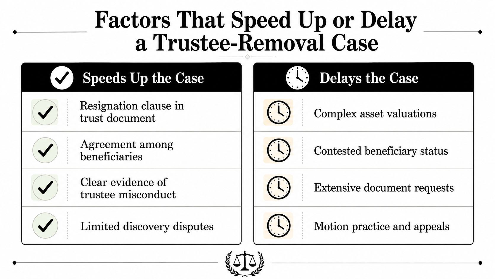 A chart comparing factors that speed up or delay a trustee-removal case, including legal and procedural elements.