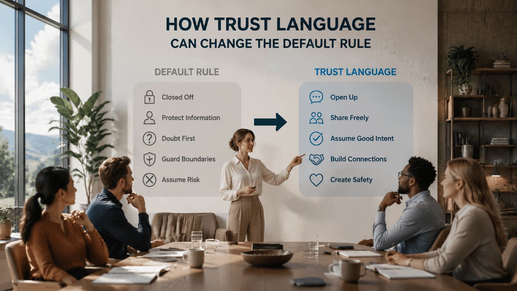 A presenter explaining how trust language shifts workplace communication from protective defaults to open and collaborative habits.