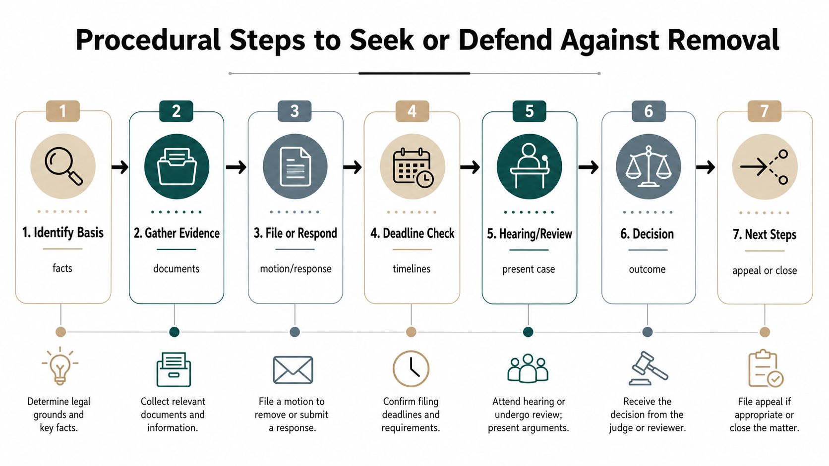 A seven-step infographic titled Procedural Steps to Seek or Defend Against Removal, outlining legal processes.