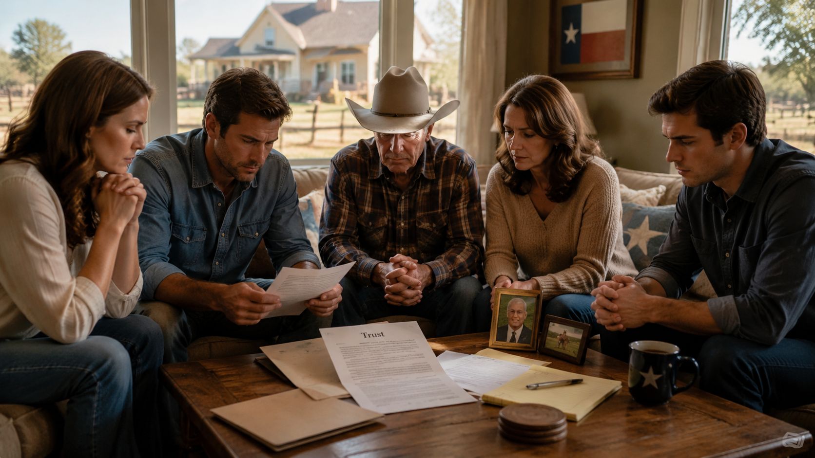 A family sits around a table reviewing trust documents in a rustic Texas home setting.