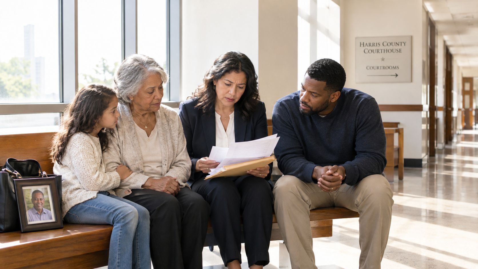 A family and their attorney review legal documents together while sitting in a courthouse hallway waiting area.