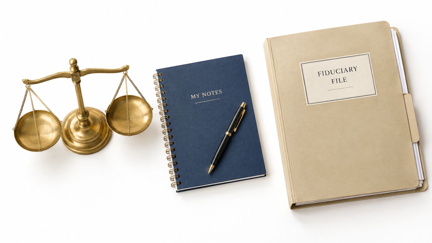 Legal tools including brass scales of justice, a blue notebook, and a fiduciary file folder.