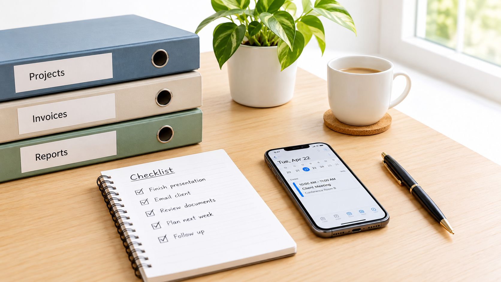 A organized workspace featuring a stack of labeled binders, a checklist notebook, a smartphone, and a coffee mug.