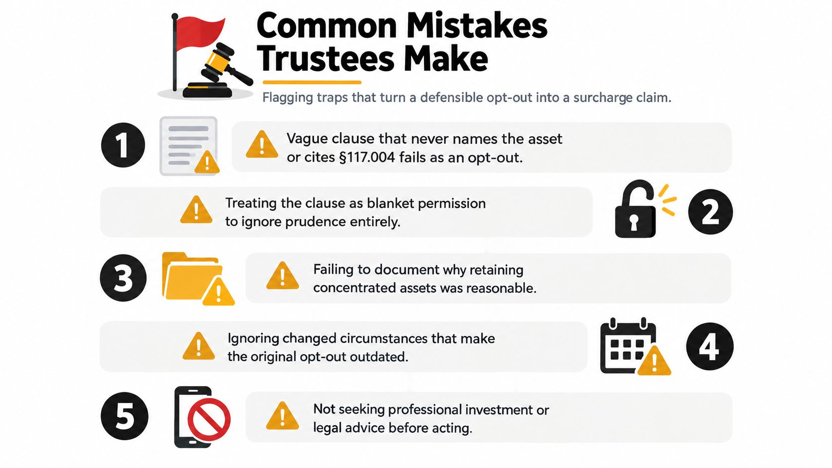 An infographic titled Common Mistakes Trustees Make, listing five common legal errors regarding trust asset diversification.