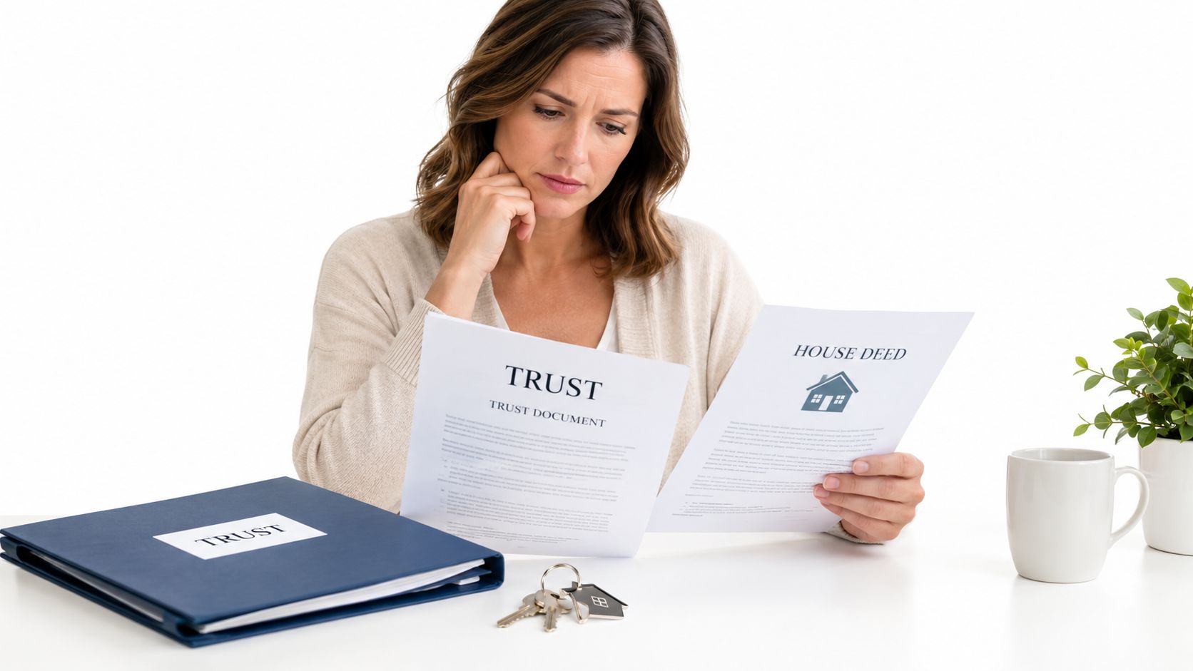 A concerned woman reviews a trust document and a house deed at a table with keys.