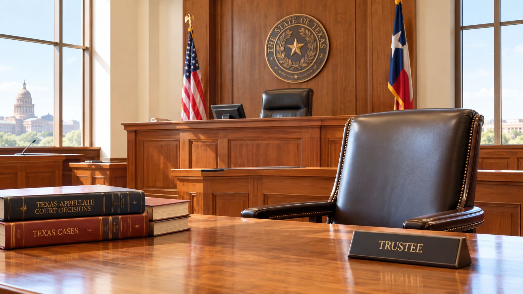 A courtroom interior featuring legal books, a judge's chair, and Texas and American flags in the background.