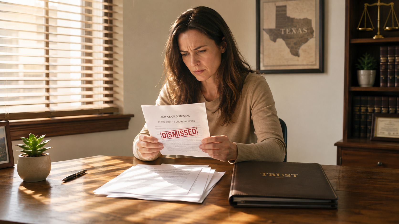 A concerned woman sitting at a wooden desk while reviewing a Texas court notice of dismissal document.