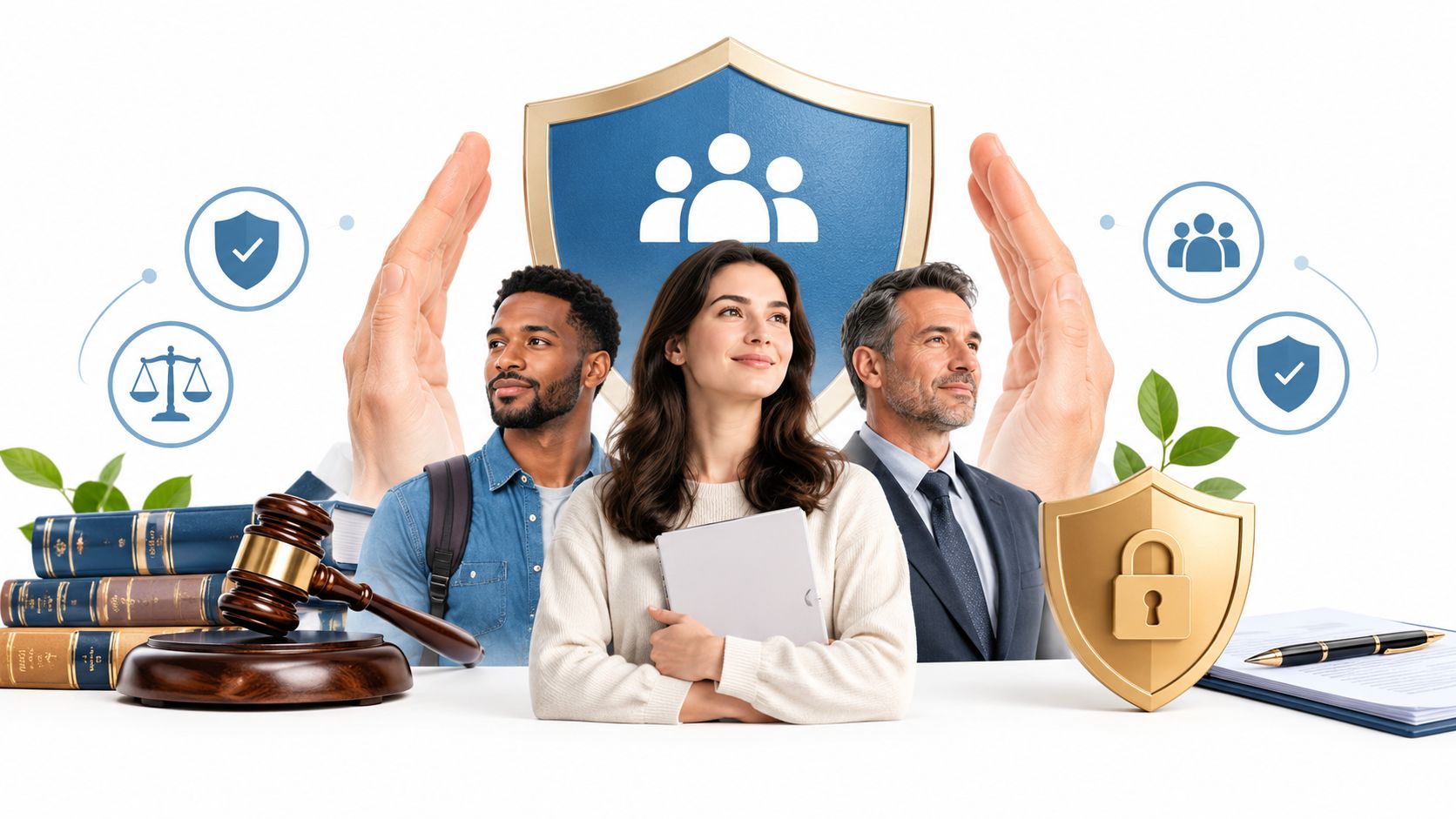 A diverse group of people protected by legal symbols, shields, and a gavel on a white background.
