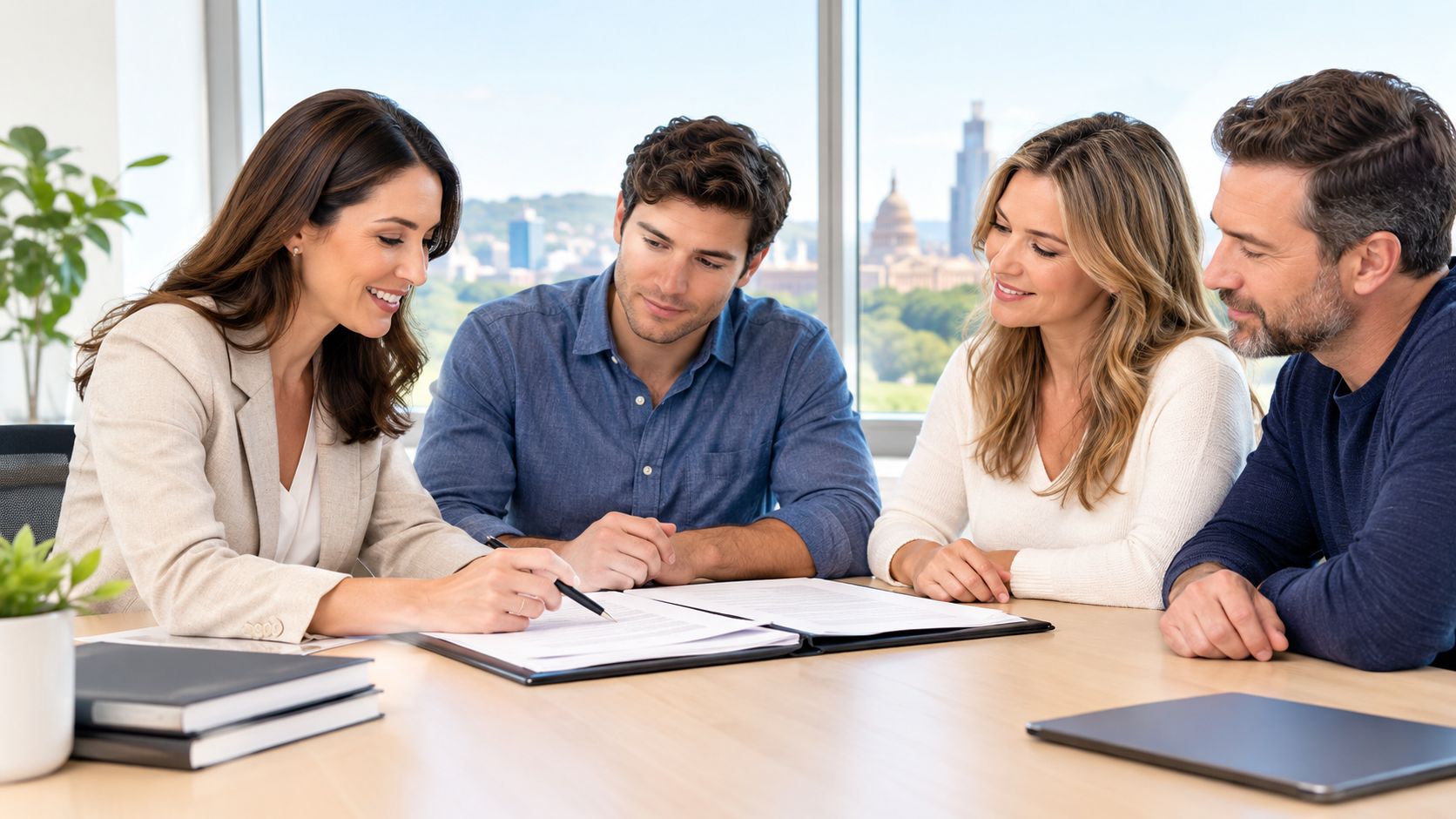 A professional financial advisor reviews a contract with a happy couple during a meeting in an office.