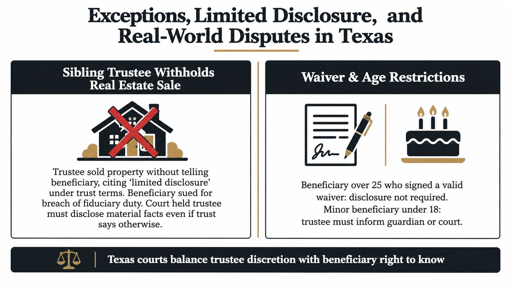An infographic detailing Texas legal principles regarding trustee disclosure requirements for beneficiaries in real-world disputes.