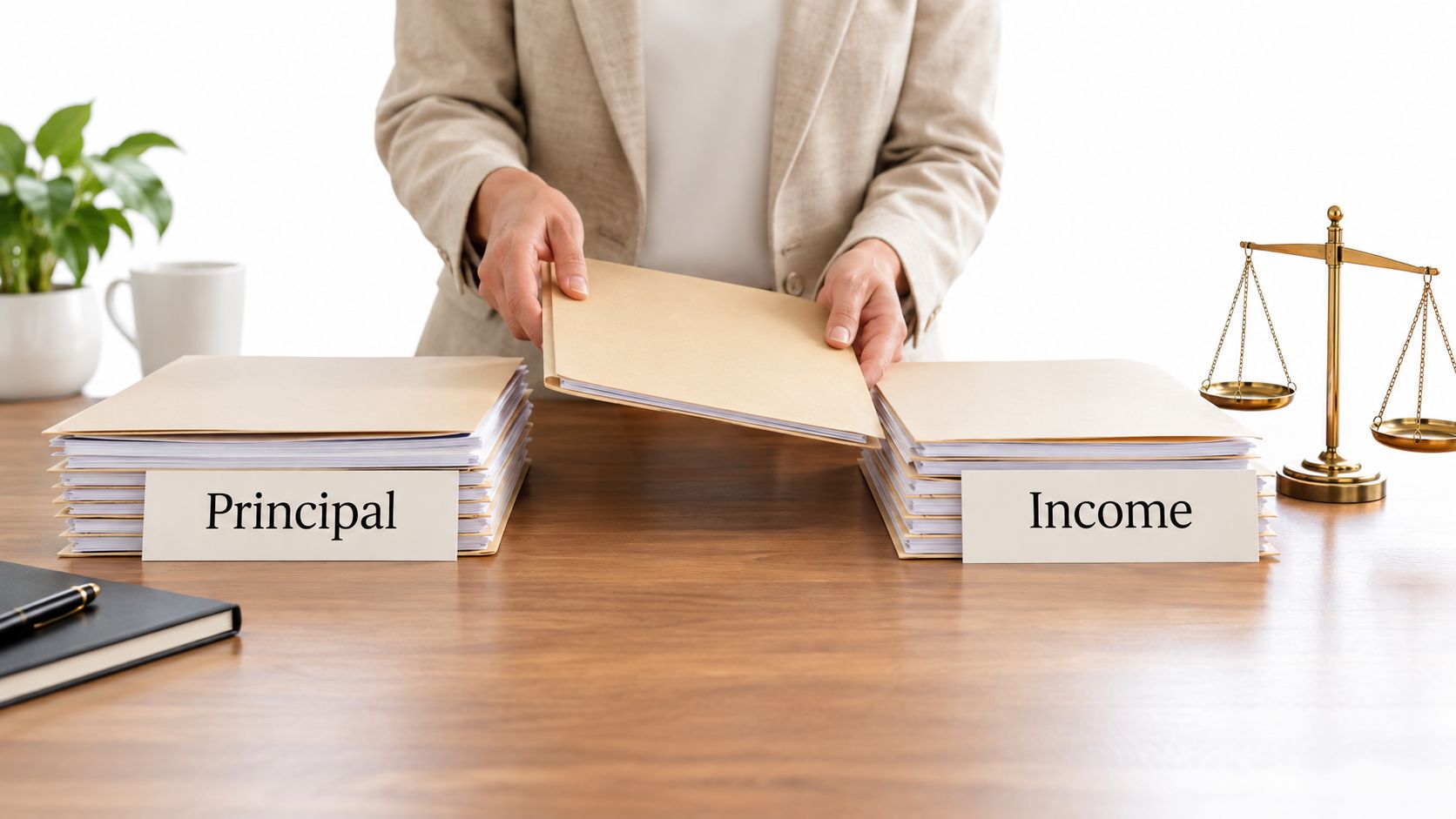 A professional handling legal documents labeled Principal and Income with a balance scale on a desk.
