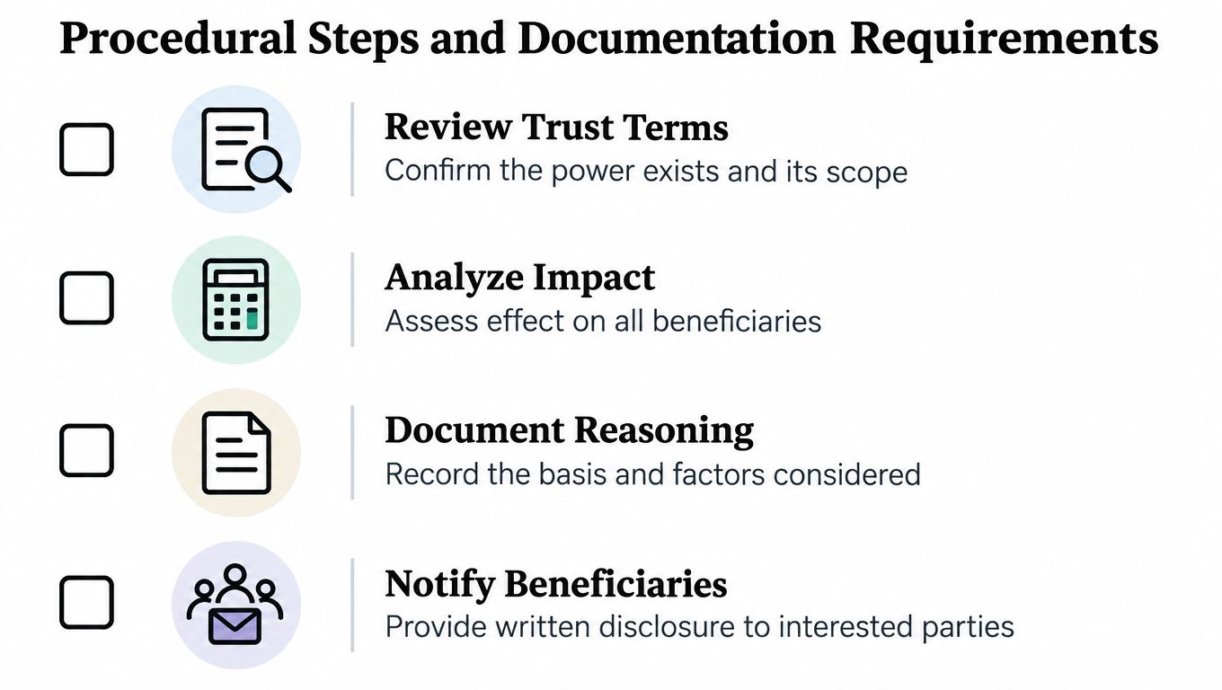 A checklist showing procedural steps and documentation requirements for trustees when exercising discretionary powers.