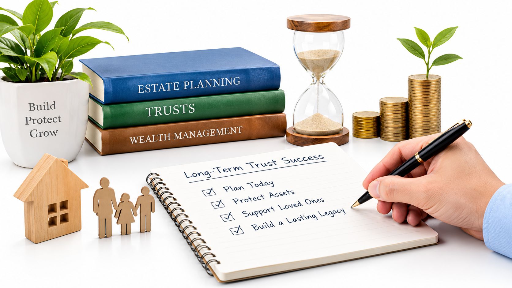 A hand writing a trust checklist next to estate planning books and financial growth symbols.