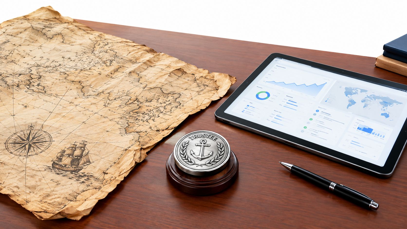 An old nautical map beside a digital tablet showing financial data and a silver anchor paperweight.