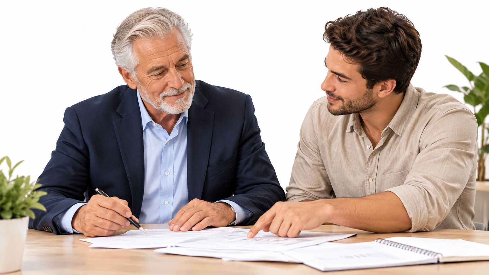 An older professional and a younger man reviewing documents together at a desk in an office setting.
