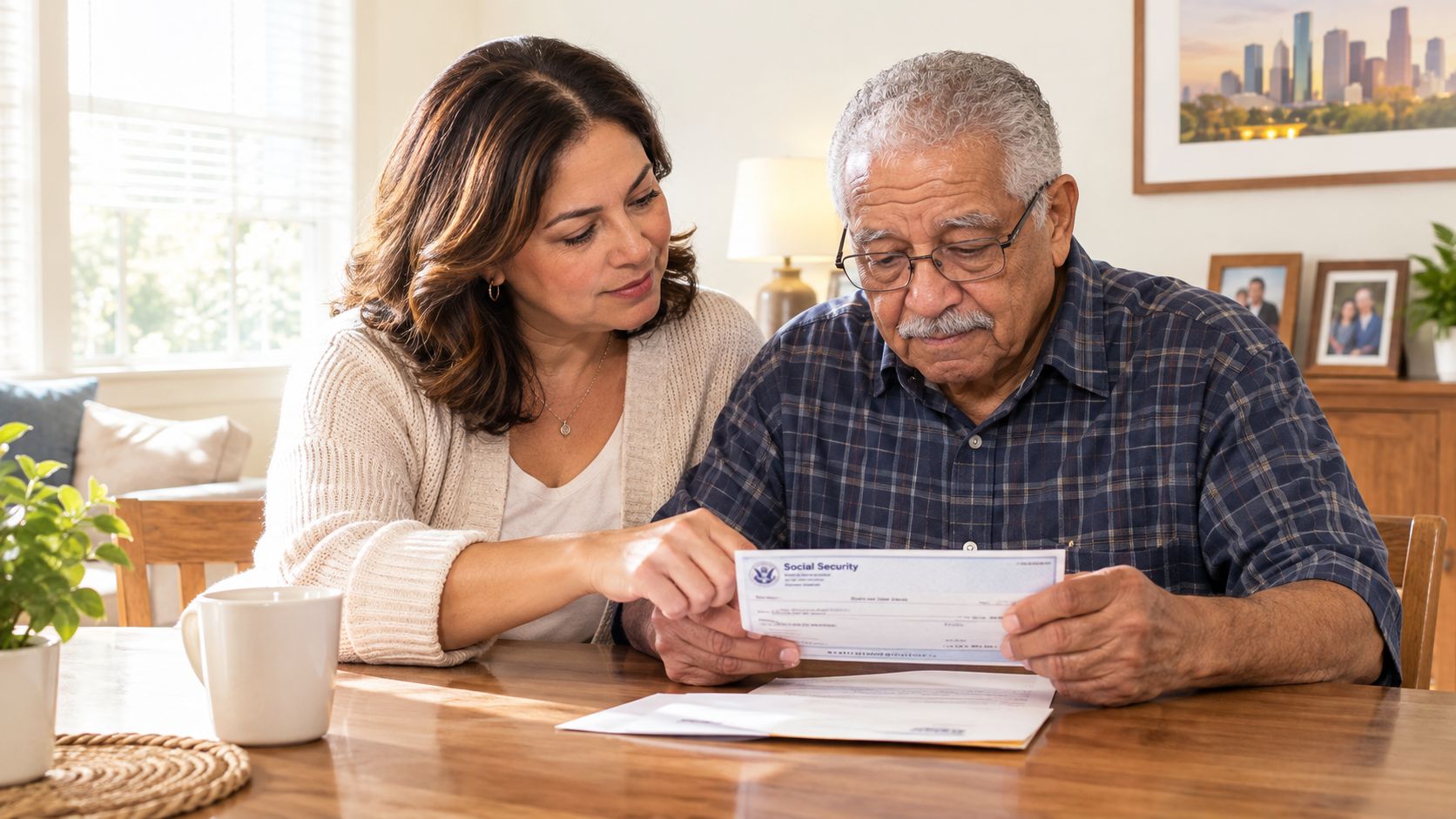 A woman helping an elderly man review his Social Security documents at a dining room table.