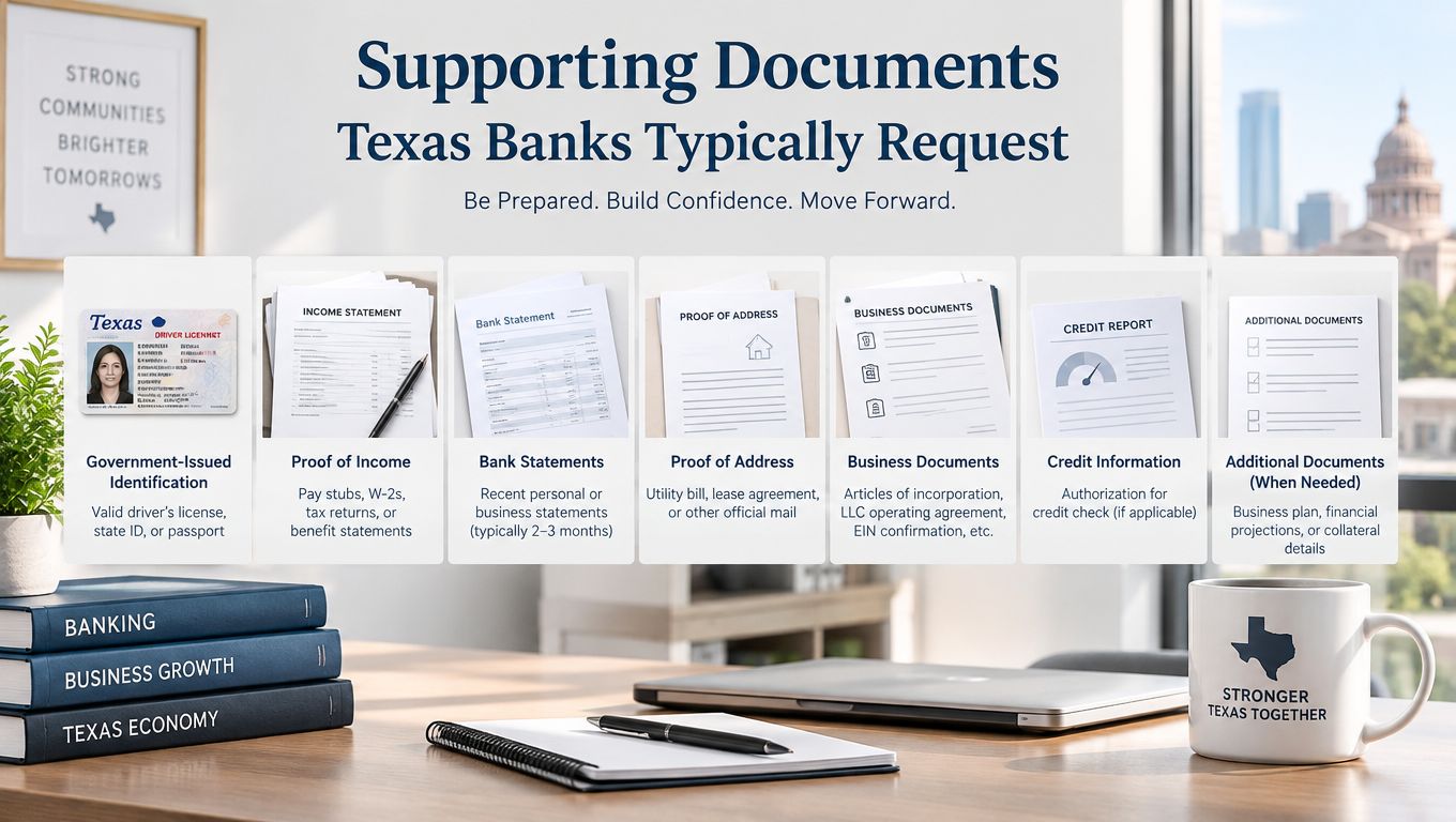 A document listing common supporting documents requested by Texas banks for financial services and loans.