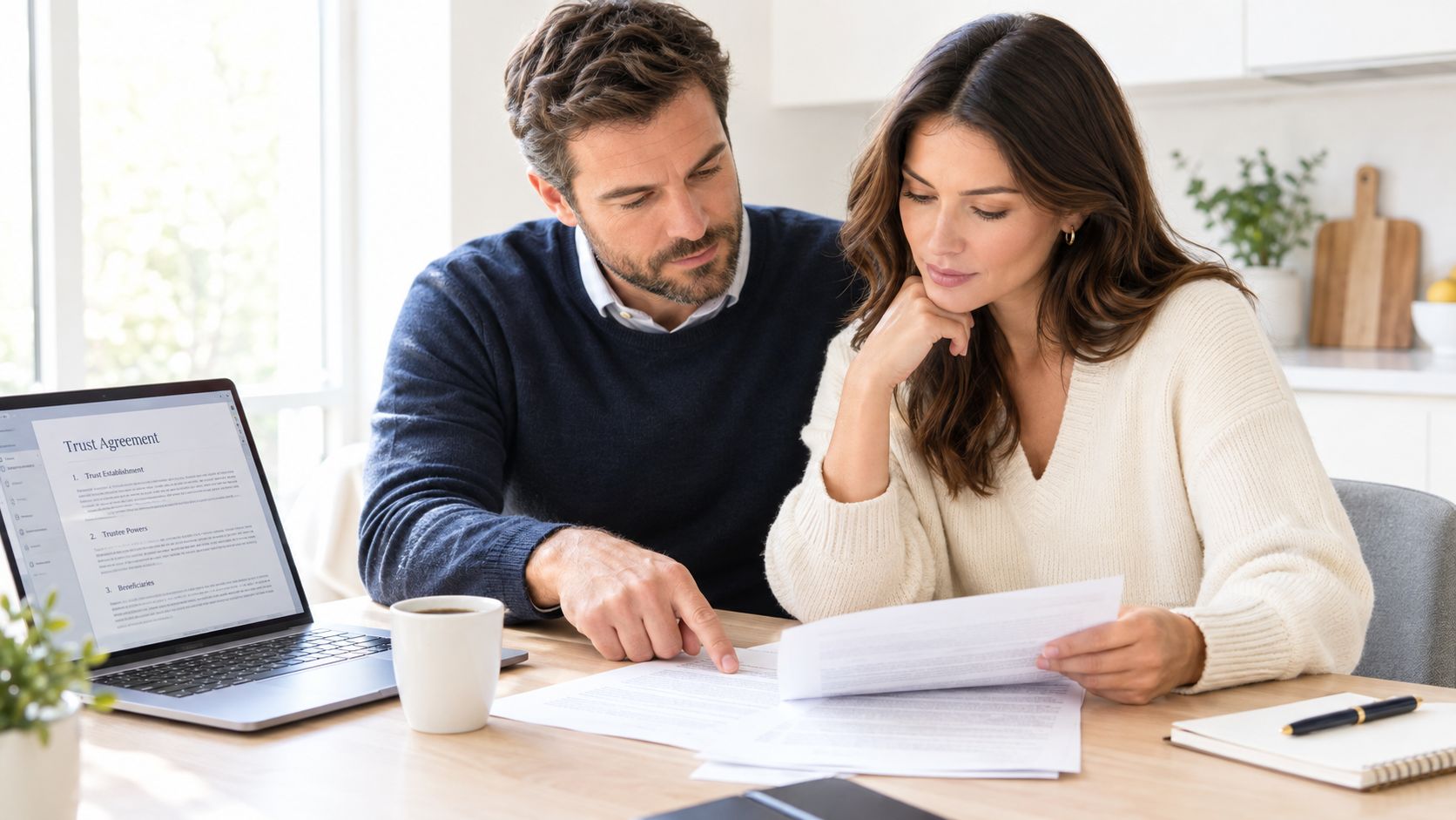 A couple reviewing a trust agreement document together while sitting at a wooden kitchen table.