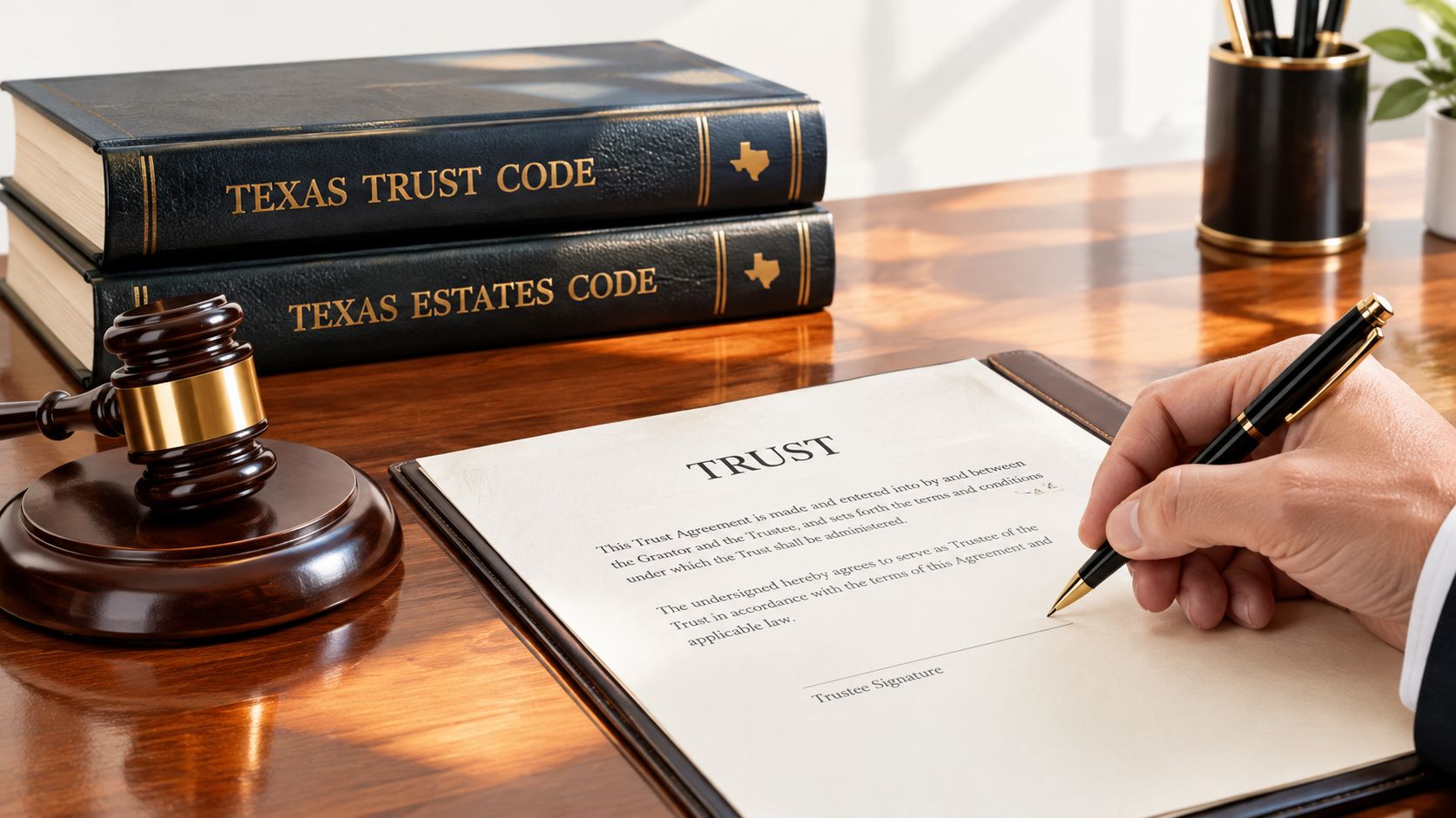 A person signing a legal trust document on a mahogany desk with law books and a judge's gavel.