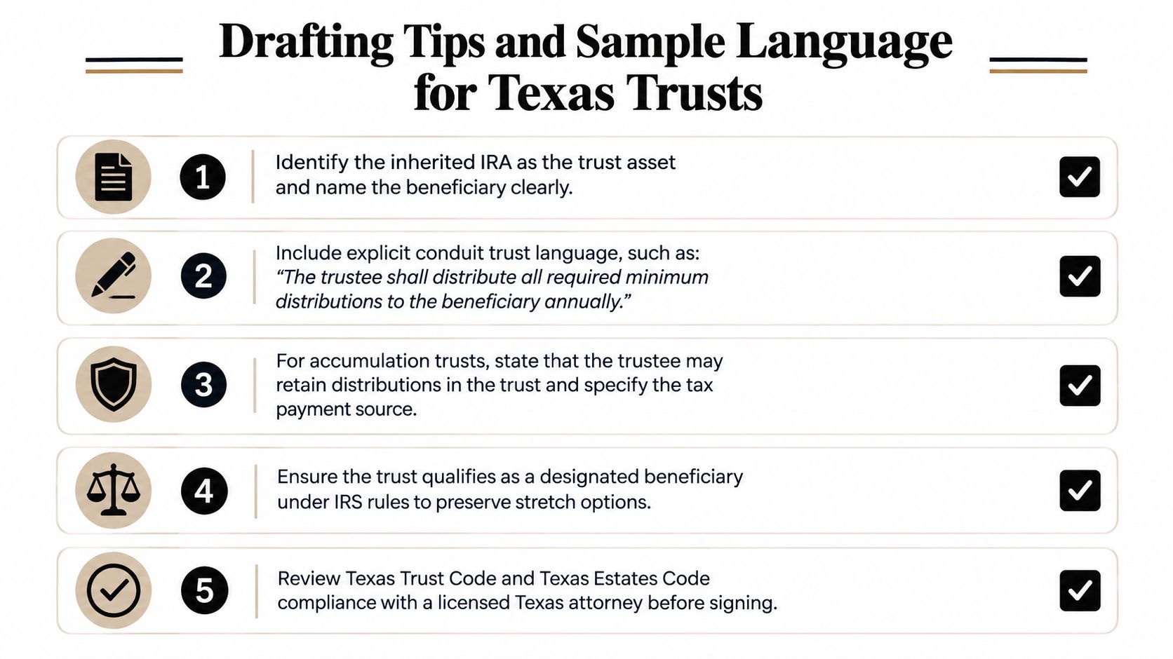 A list of five essential drafting tips for creating Texas trusts to manage inherited IRA assets.