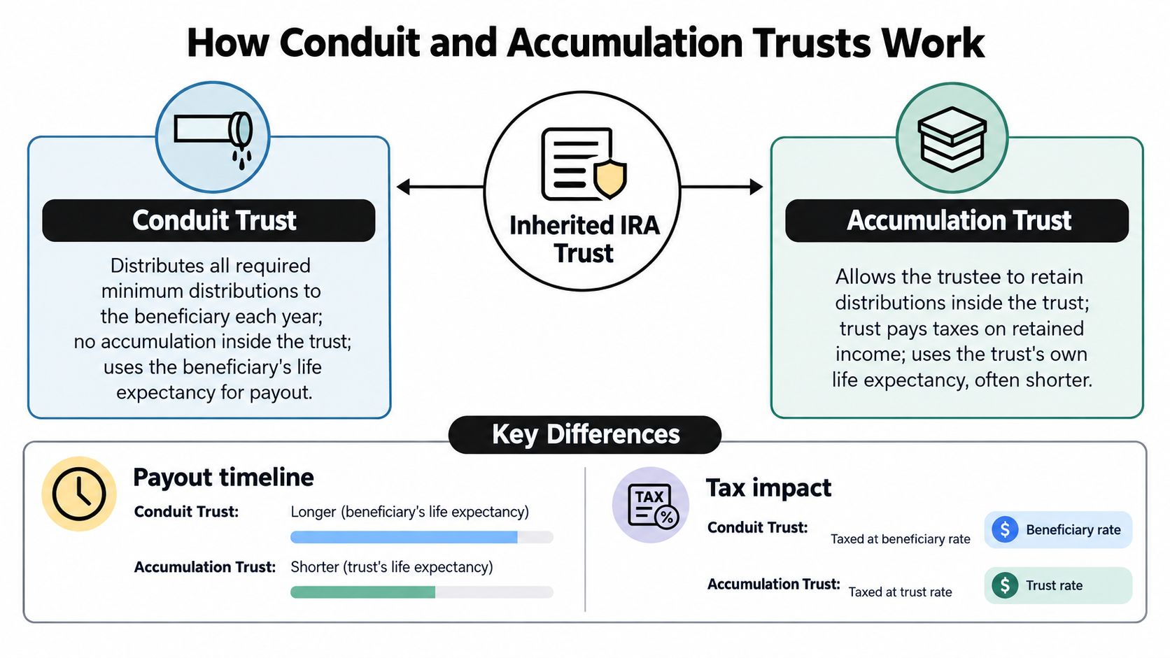A comparison chart showing the differences between conduit trusts and accumulation trusts for inherited IRA planning.