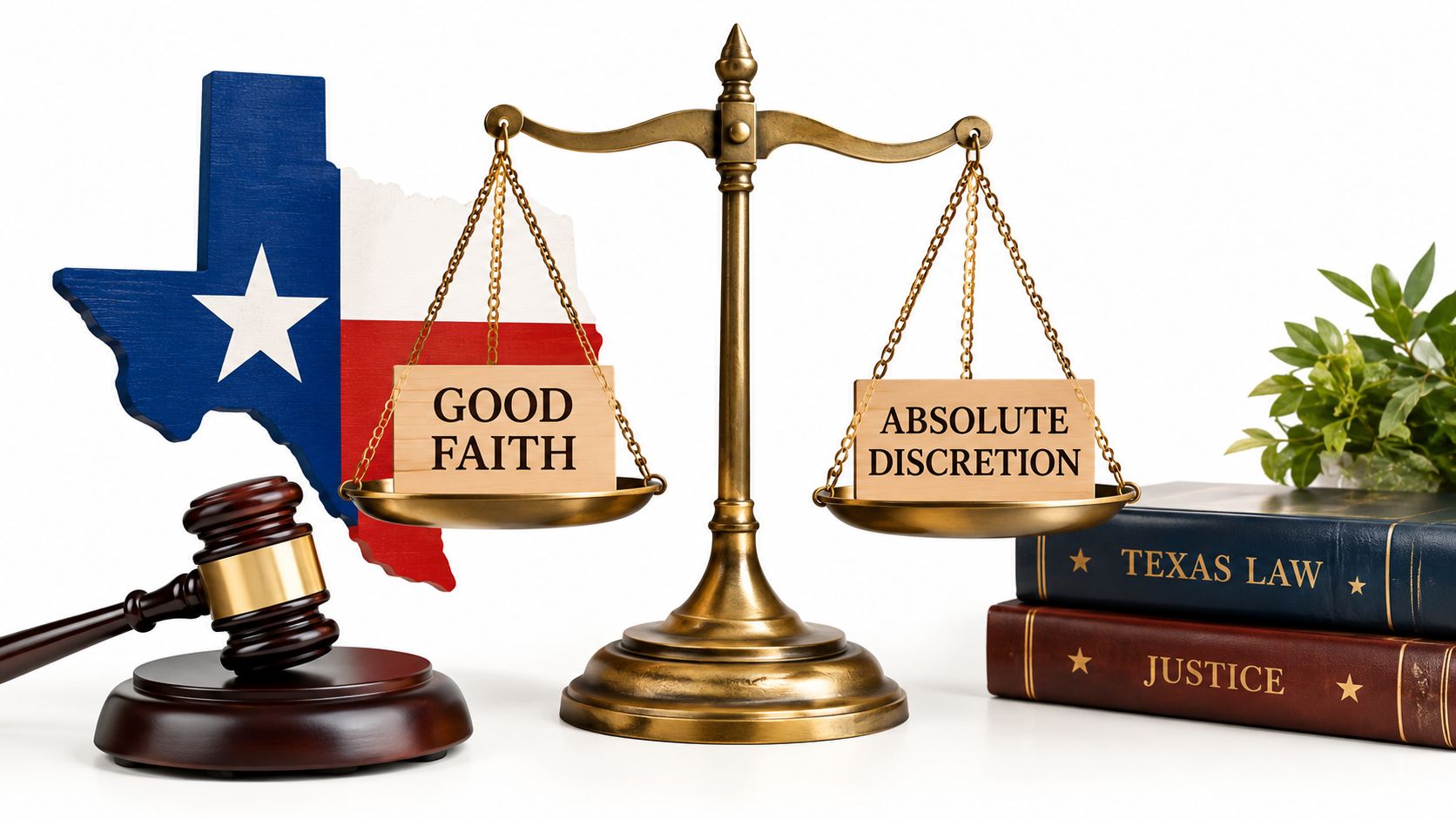 A courtroom scale featuring the words Good Faith and Absolute Discretion with a Texas flag and law books.