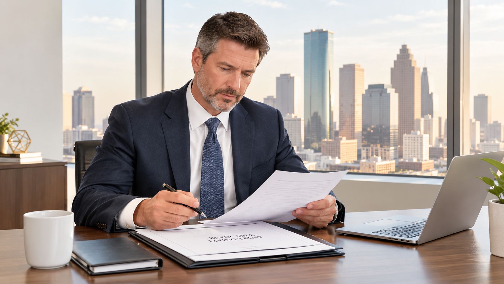 A professional man in a business suit reviewing a revocable living trust document at his office desk.
