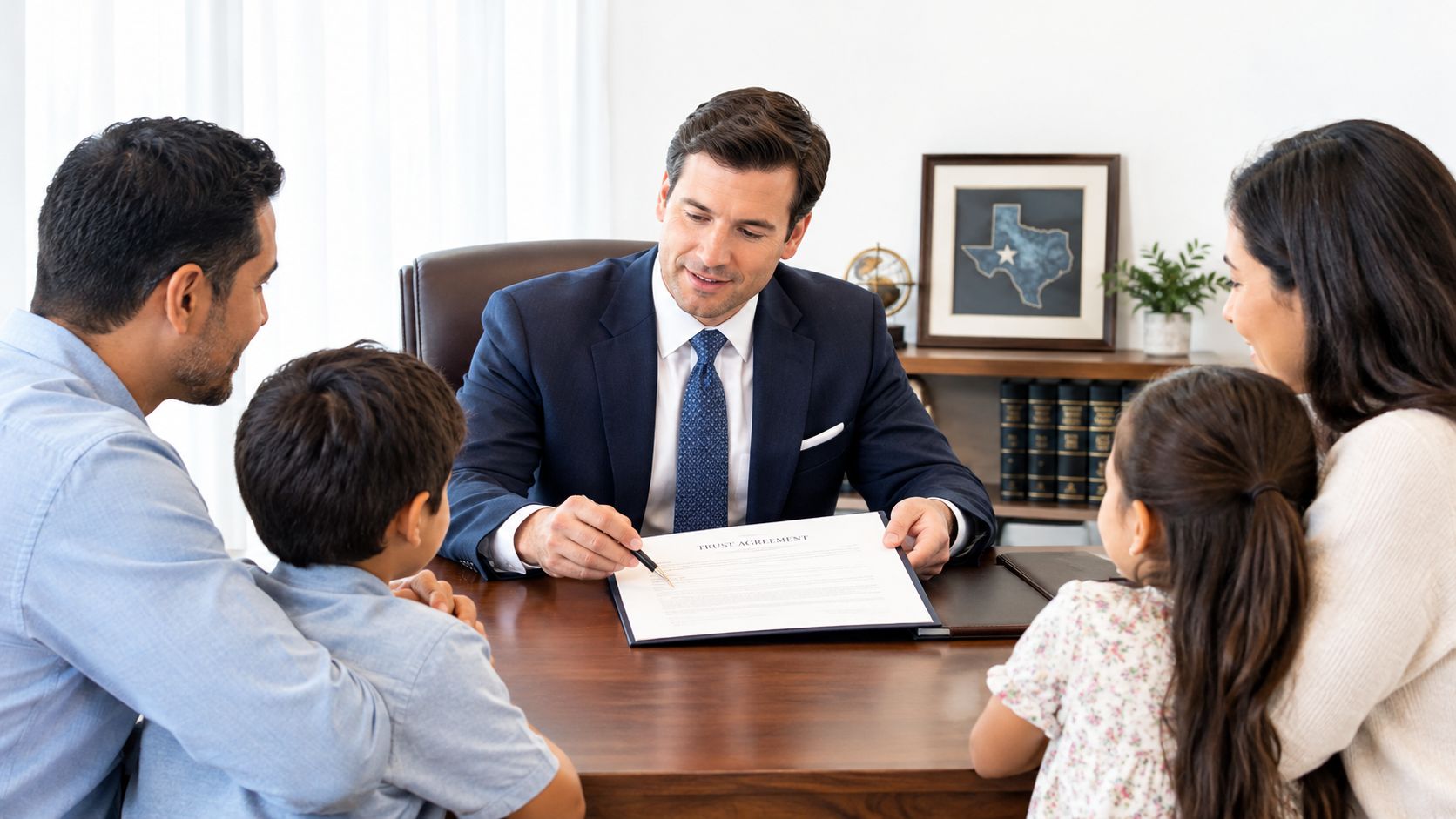 A professional financial advisor explains a trust agreement document to a family in a modern office.