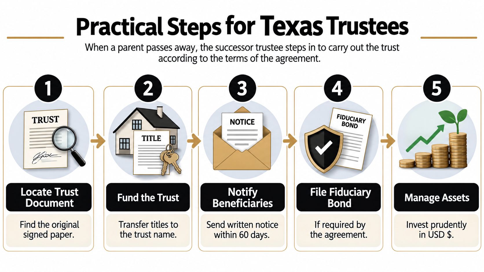 A five-step guide for successor trustees in Texas outlining how to manage a trust after death.