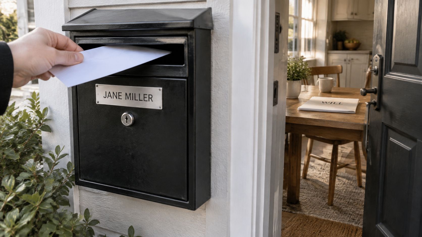 A hand placing an envelope into a mailbox labeled Jane Miller next to an open doorway.