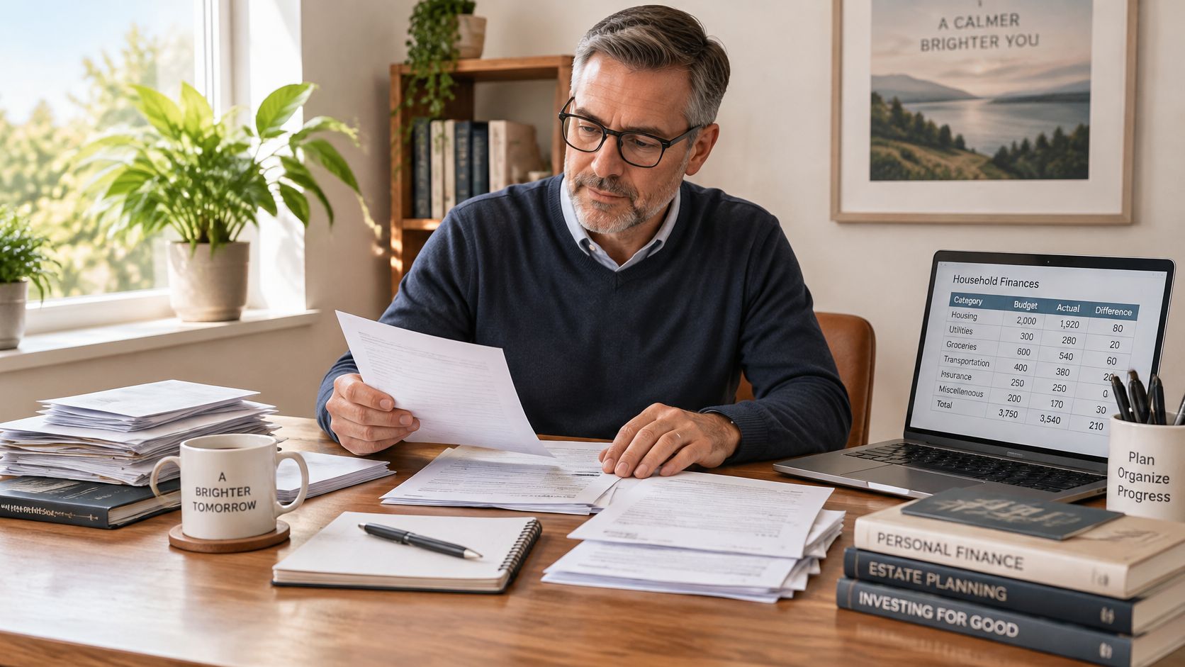 A professional man with glasses reviews financial documents and a household budget spreadsheet at his wooden desk.