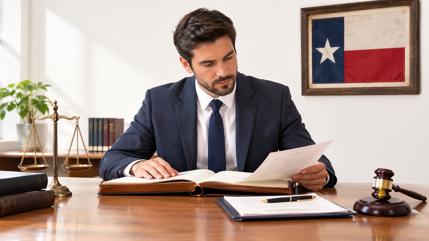 A professional attorney in a suit reviews legal documents at a desk in a Texas law office.