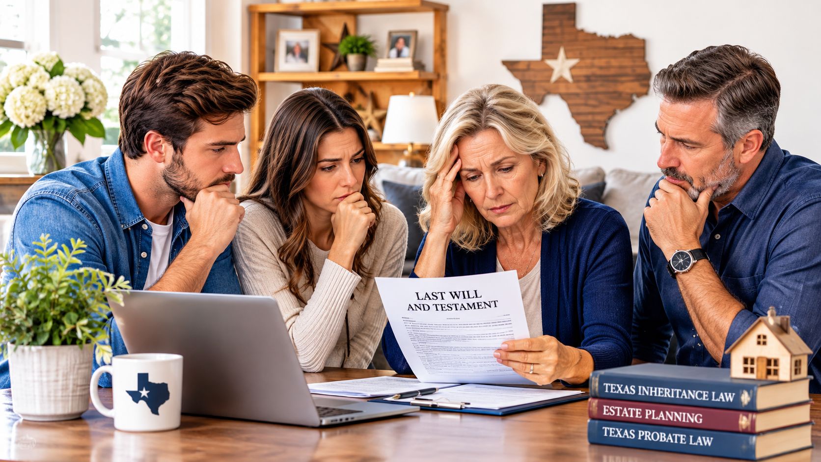 A concerned family sits around a wooden table reading legal documents regarding a last will and testament.