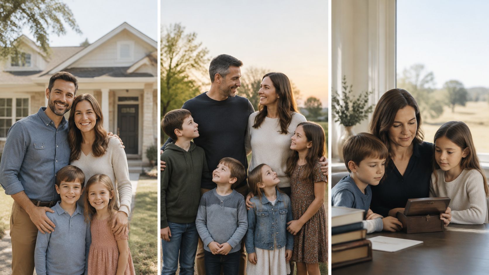 A composite image showing a happy family together in front of their home and spending time indoors.