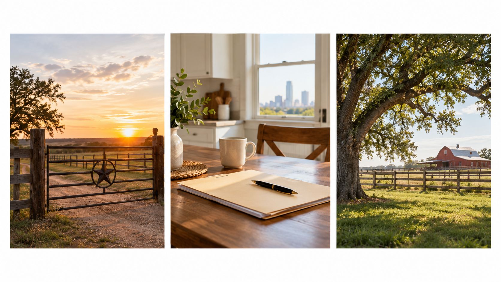 A collage showing a Texas ranch gate at sunset, a rustic desk setup, and a scenic barn.