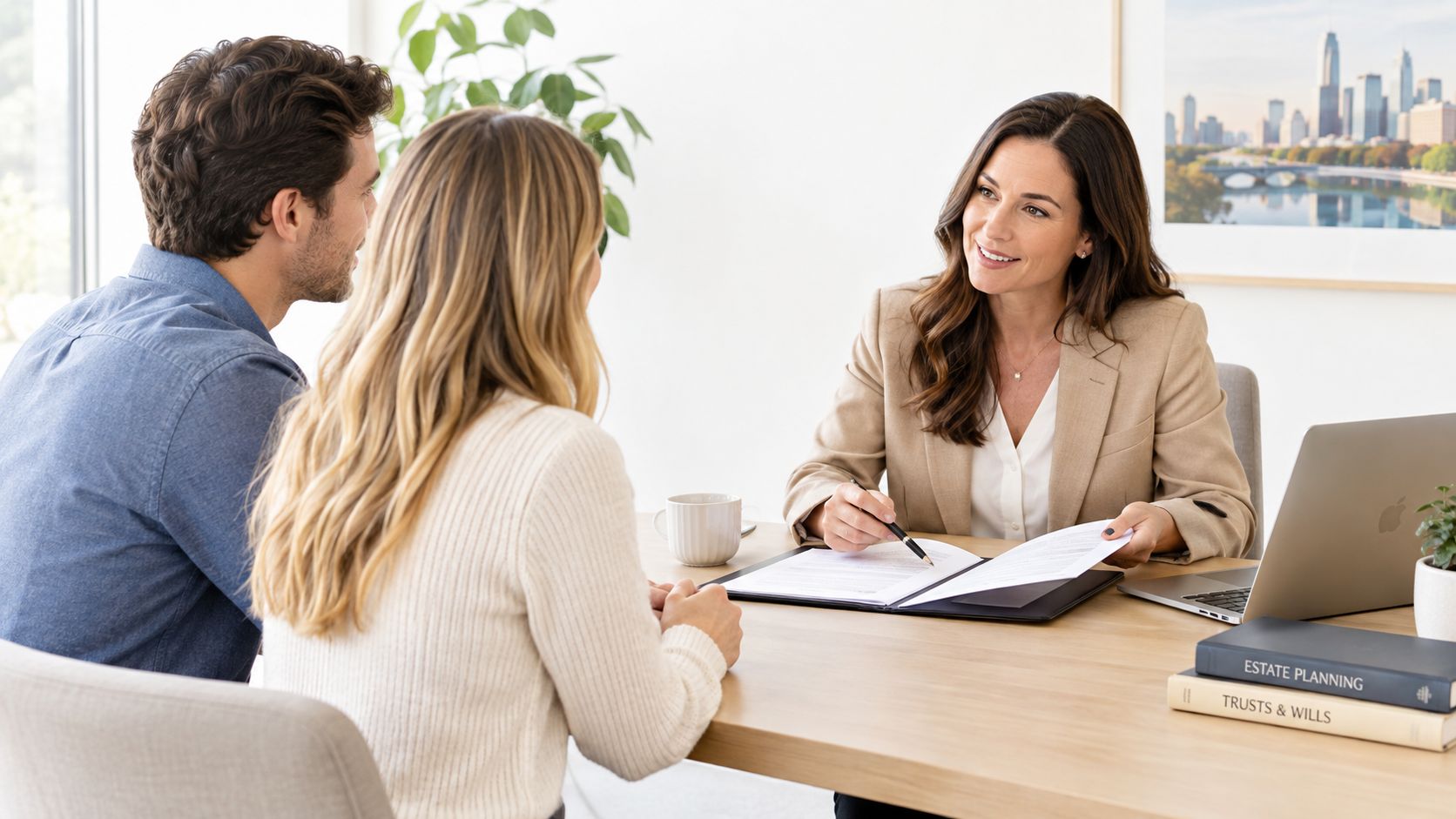 A professional financial advisor meeting with a young couple to discuss estate planning and trust documents.