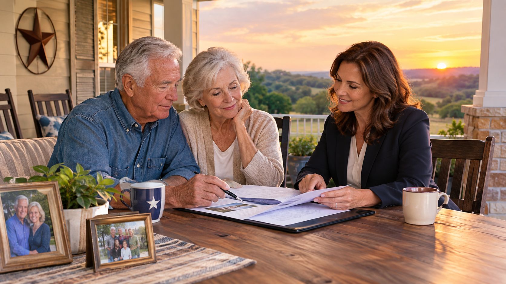 A professional financial advisor discusses legal documents with an older couple on a scenic porch at sunset.