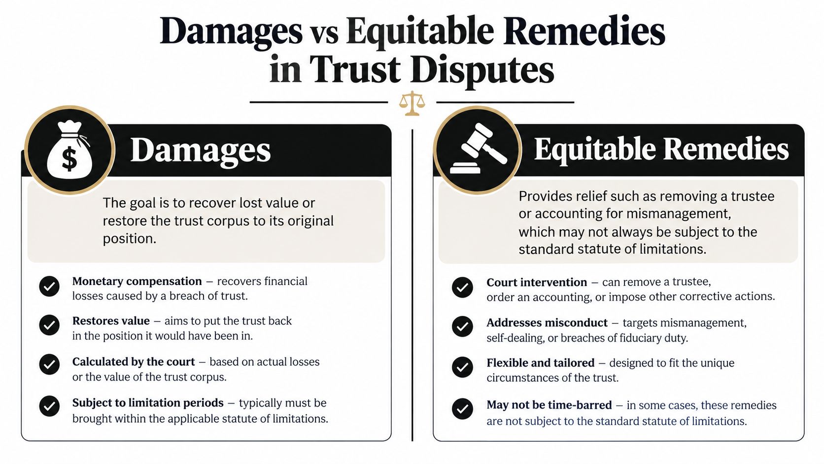 A comparison chart explaining the differences between damages and equitable remedies in trust dispute legal cases.