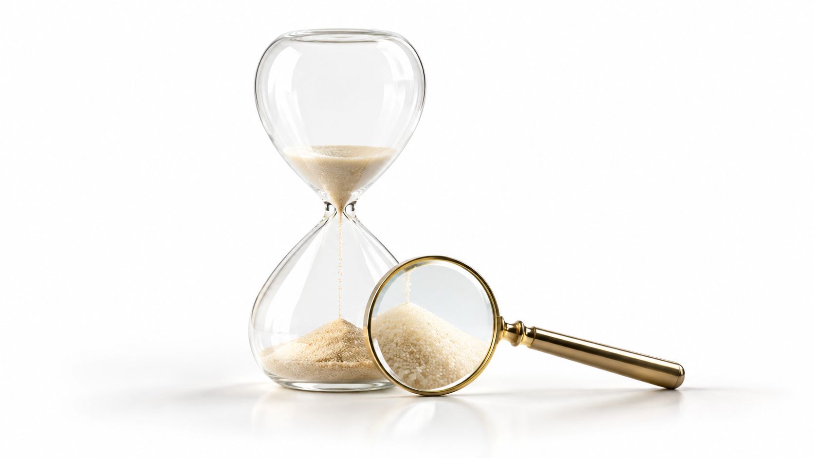 An hourglass with sand grains magnified by a golden magnifying glass on a plain white background.