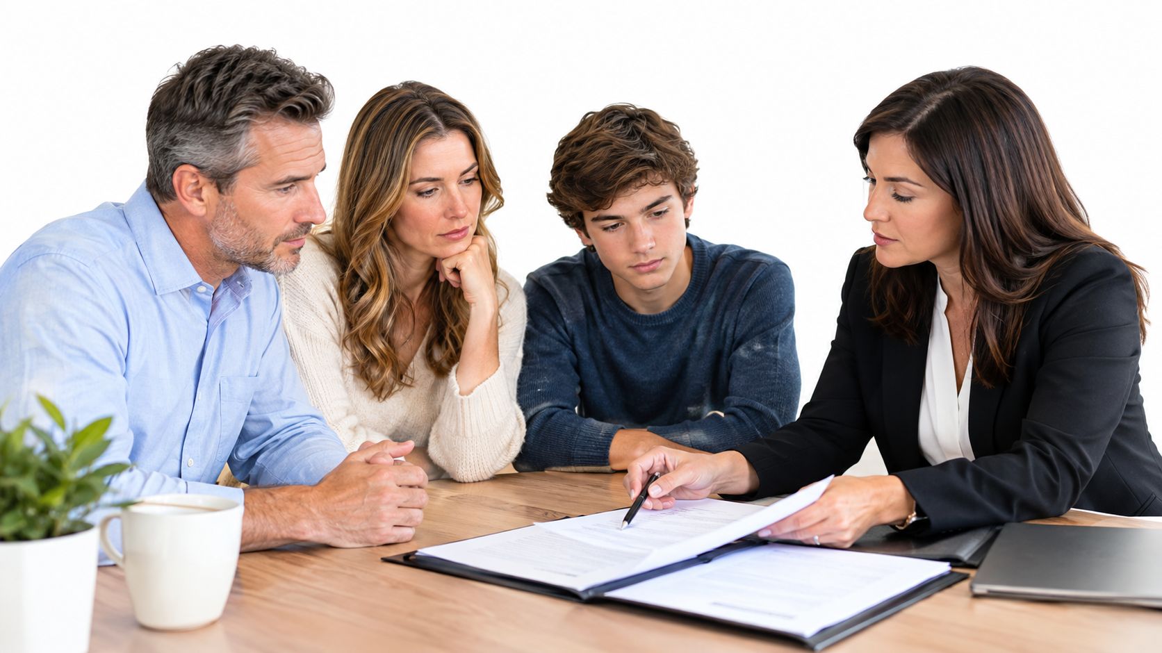 A family of three reviewing legal documents with a professional advisor at a wooden office desk.