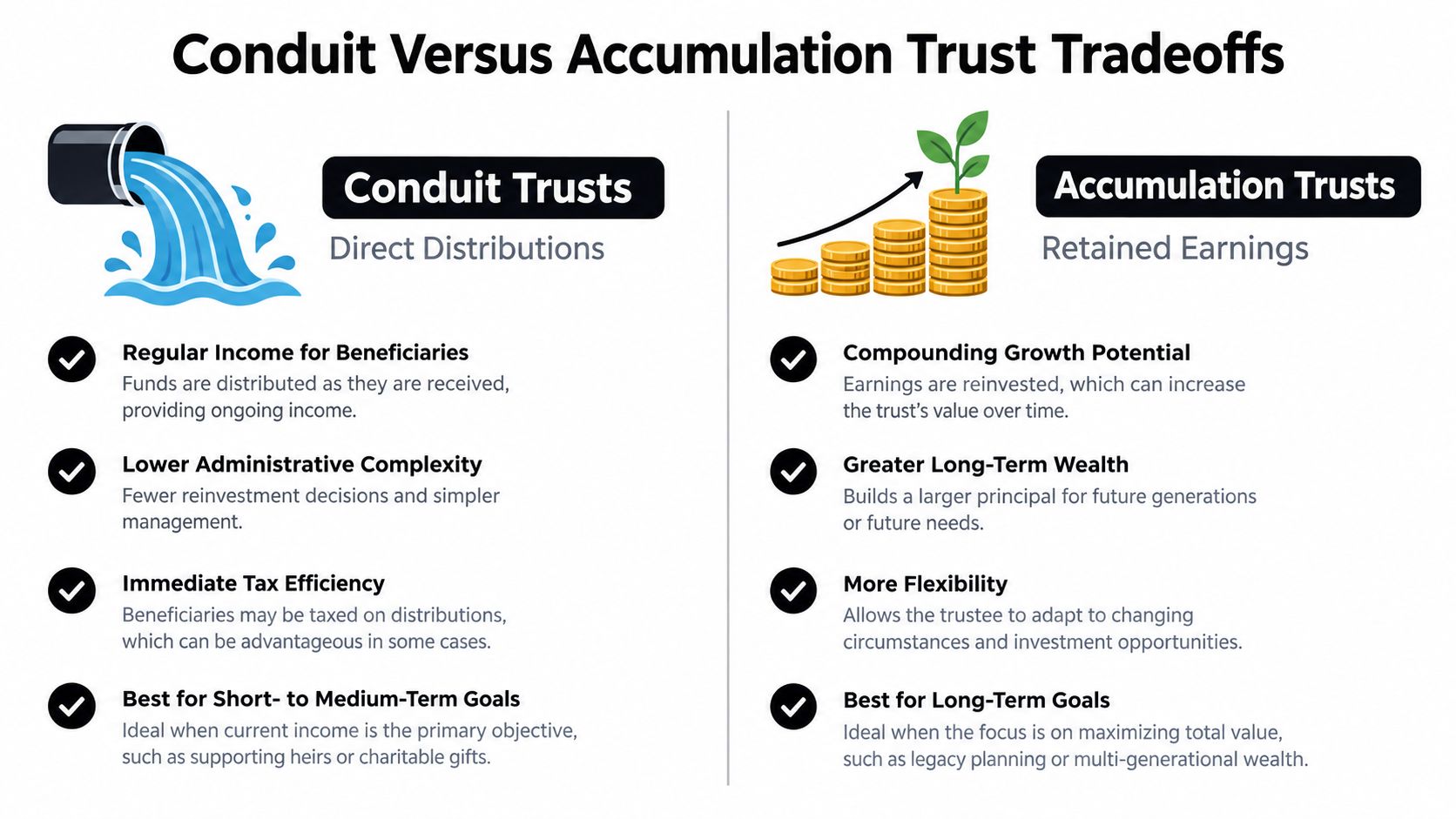 A comparison chart outlining the key differences between conduit trusts and accumulation trusts for estate planning.